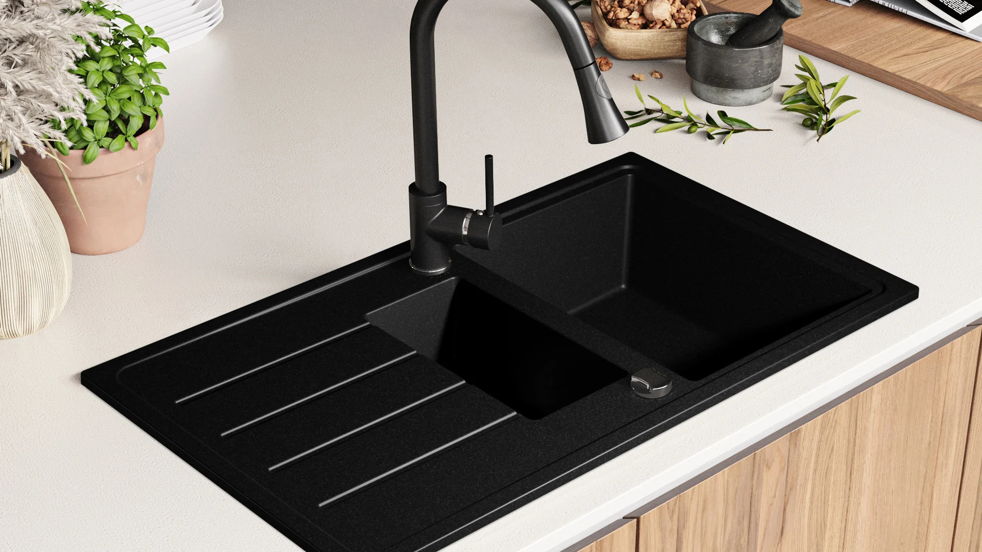 Evier Cuisine En Granit Noir Metallic, 90 X 50 Cm, Lavabo 1,5 Bac + Siphon Classique, Évier à Encastrer De Primagran 11 width=100%