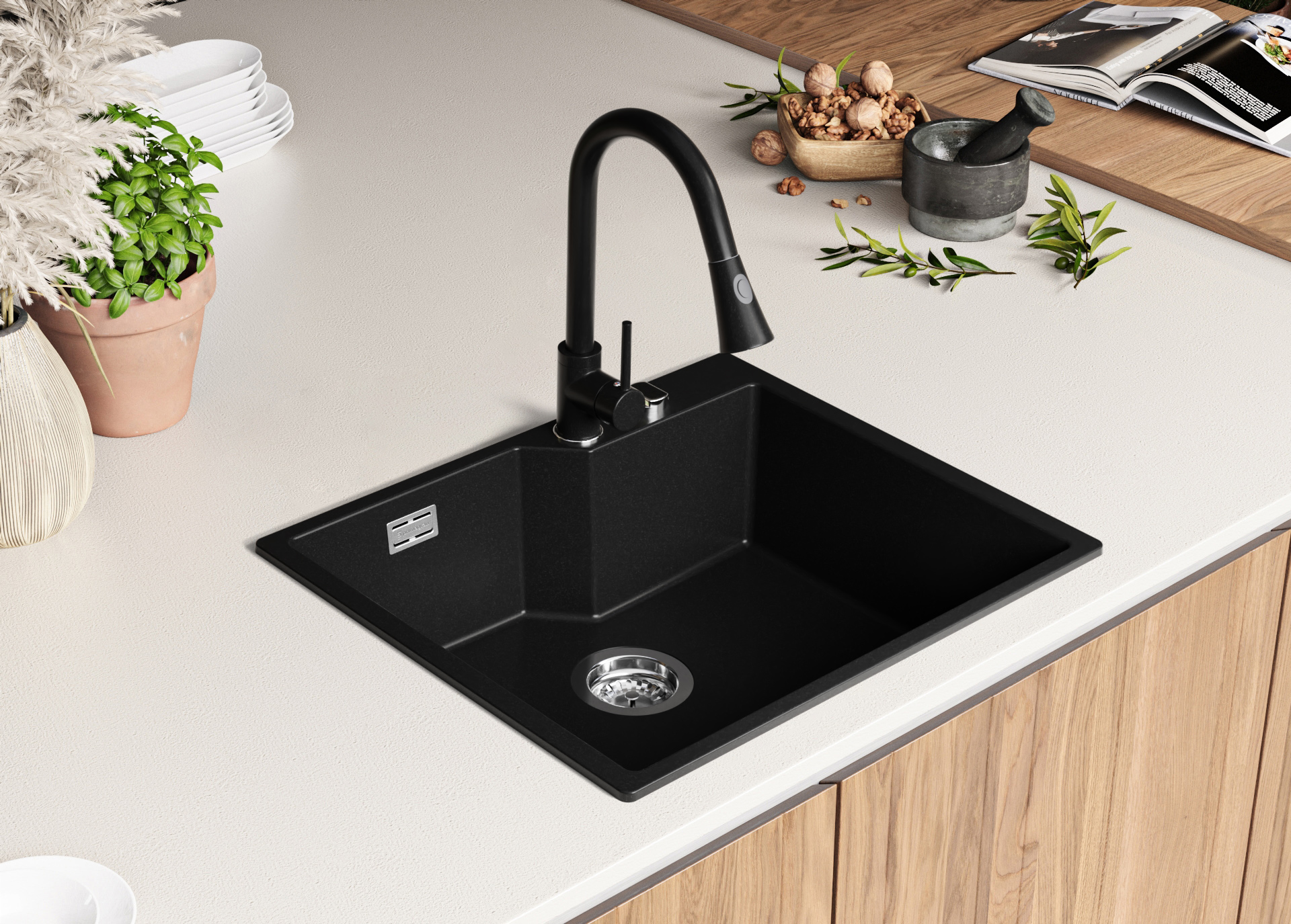 Evier Cuisine En Granit Gris, 59 X 50 Cm, Lavabo 1 Bac + Siphon Classique, Évier à Encastrer Madrid 60 Cargo XXL De Primagran 11 width=100%