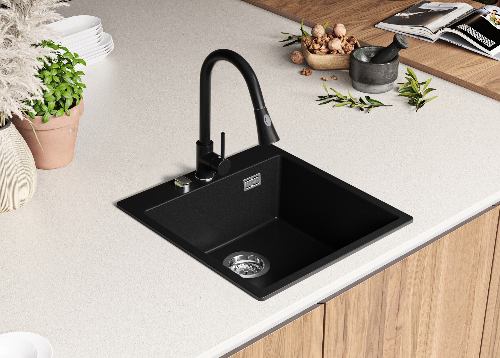 Evier Cuisine En Granit Noir, 49 X 50 Cm, Lavabo 1 Bac + Siphon Classique, Évier à Encastrer Oslo 50 XXL De Primagran 11 width=100%