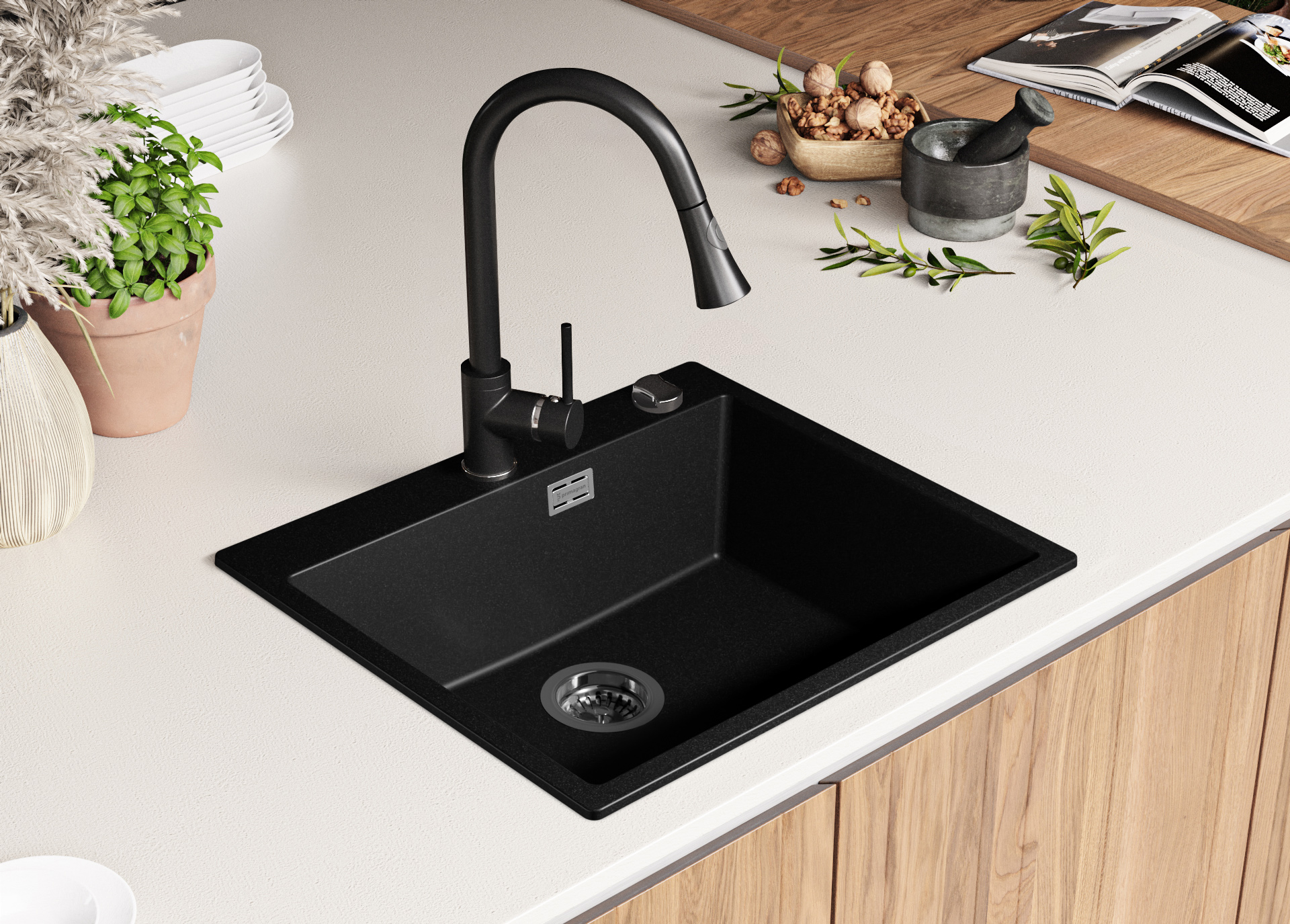 Evier Cuisine En Granit Noir, 59 X 50 Cm, Lavabo 1 Bac + Siphon Classique, Évier à Encastrer Oslo 60 XL De Primagran 11 width=100%