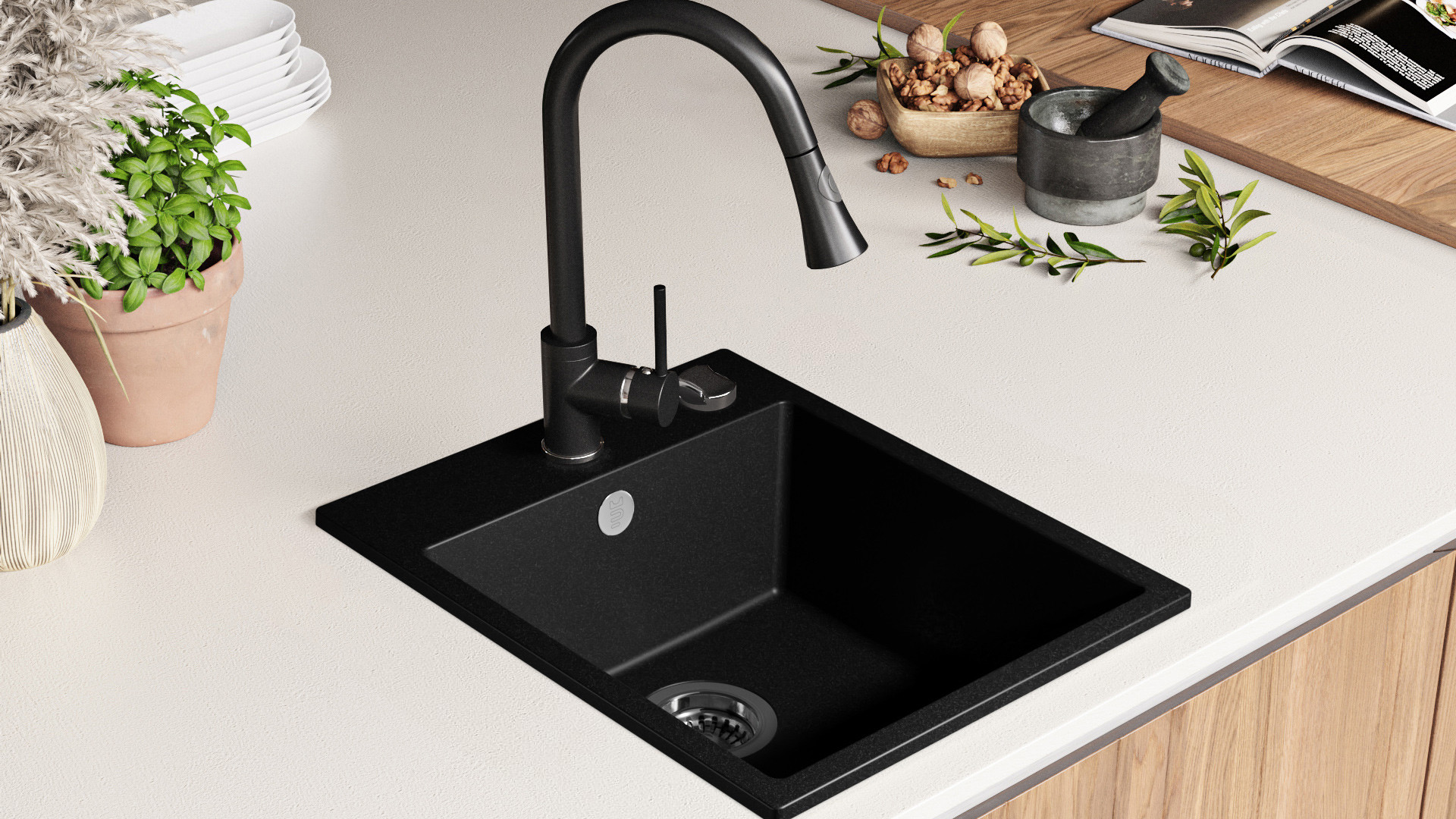 Evier Cuisine En Granit Gris, 44 X 53 Cm, Lavabo 1 Bac + Robinet 5000 + Siphon Classique, Évier à Encastrer Riga 440 De Primagran 11 width=100%