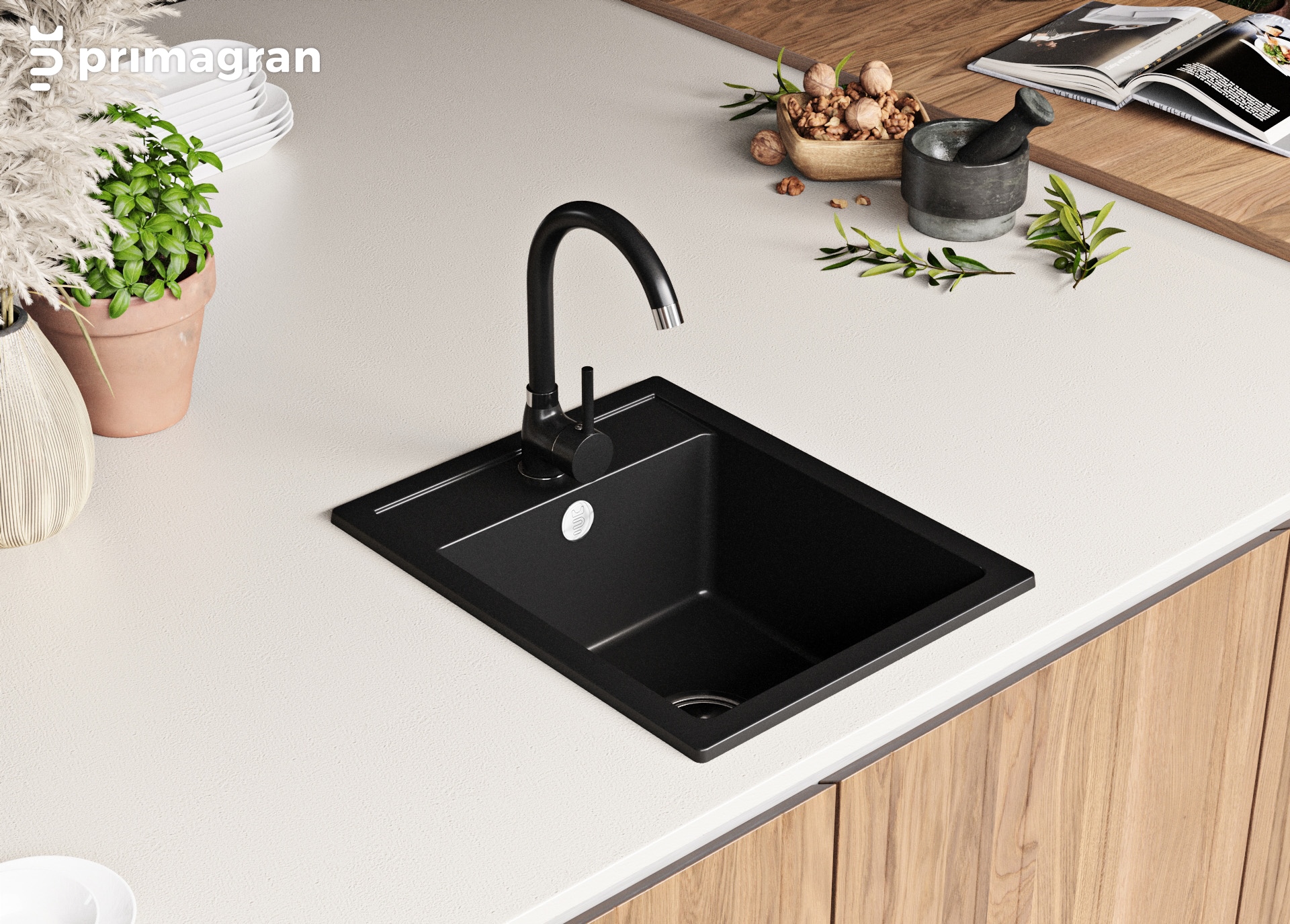 Evier Cuisine En Granit Blanc, 40 X 50 Cm, Lavabo 1 Bac + Siphon Classique, Évier à Encastrer Riga 40 XL De Primagran 11 width=100%