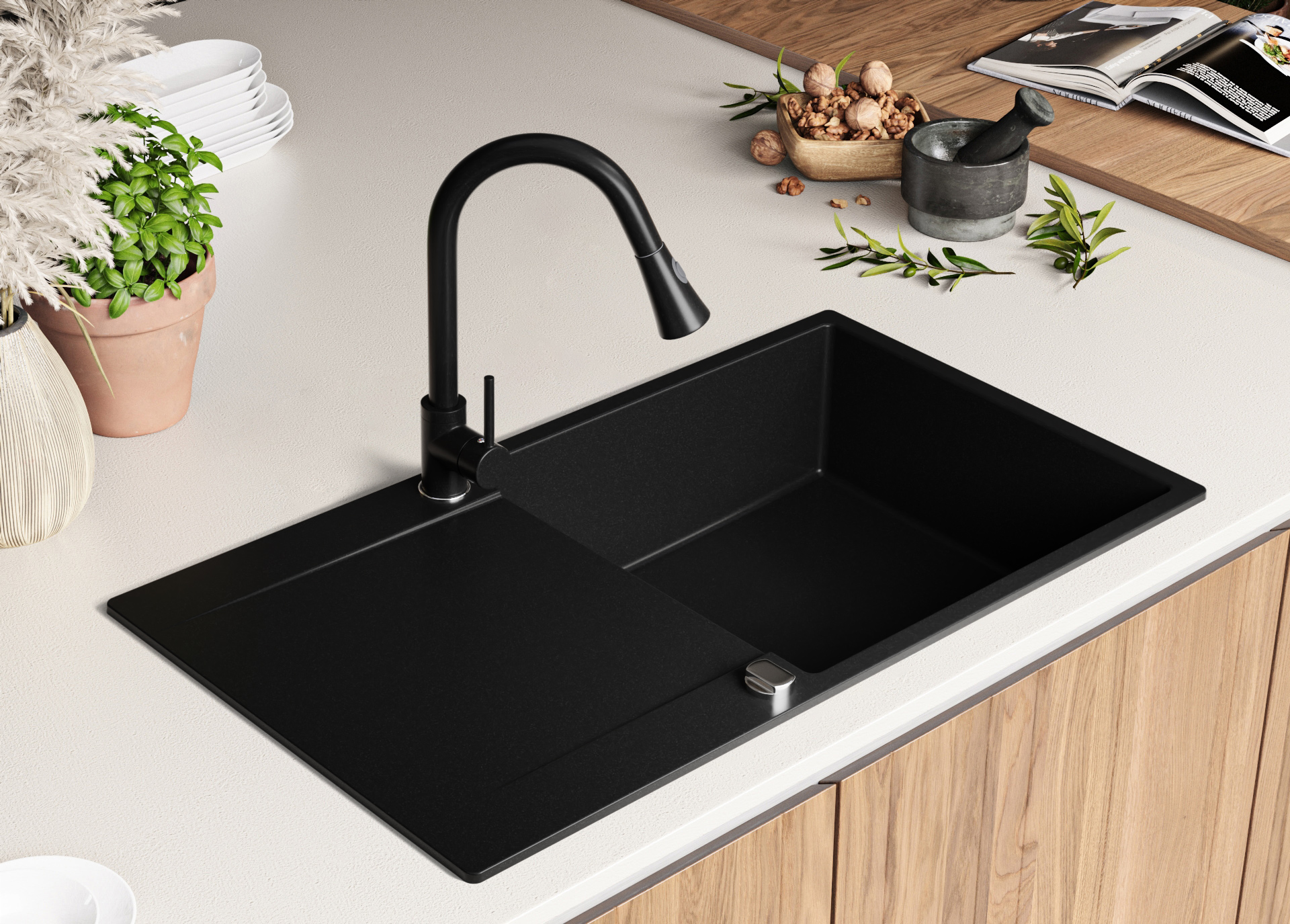 Evier Cuisine En Granit Graphite, 90 X 50 Cm, Lavabo 1 Bac + Siphon Classique, Évier à Encastrer San Francisco 900 Supreme De Primagran 11 width=100%