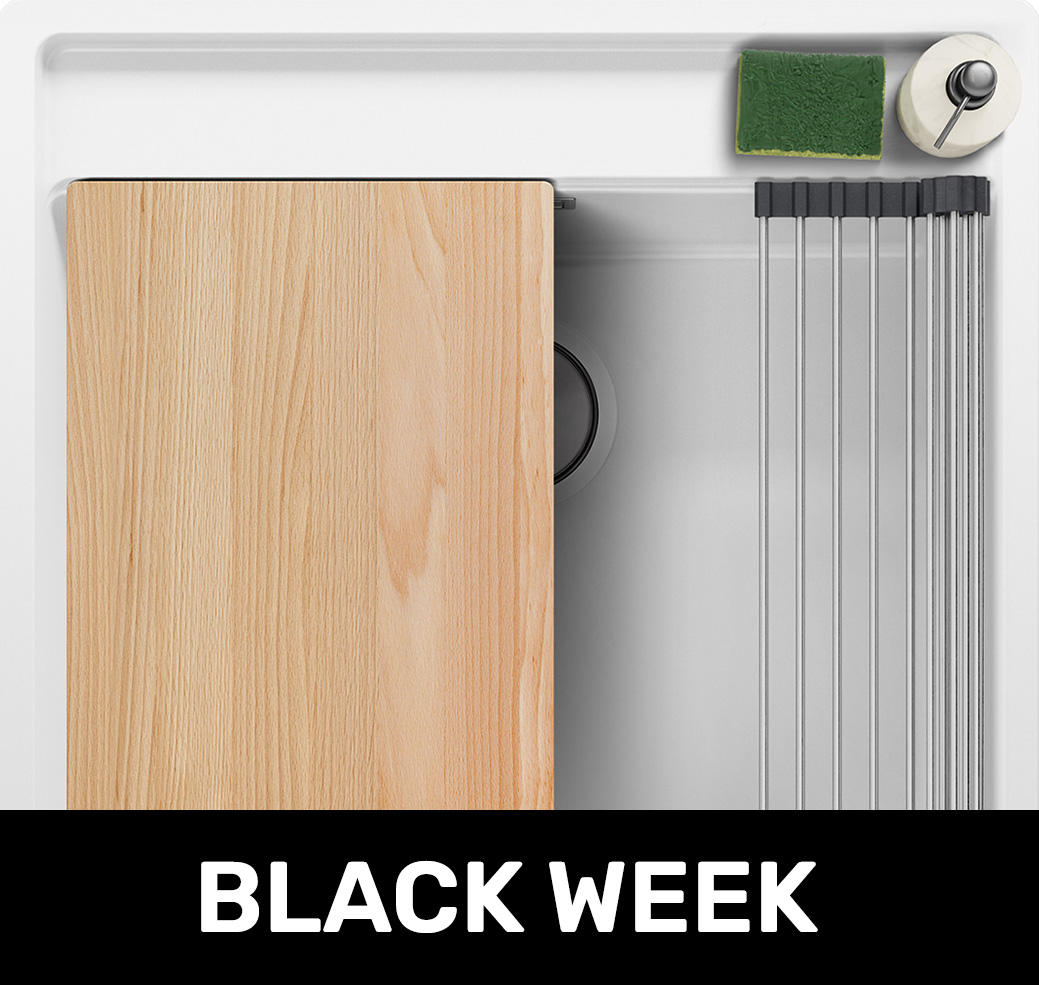 Fregadero bajo encimera de granito con cubeta más grande MAX y estante para accesorios Bergen 60 Low Cut + Gratis : Bandeja de goteo - Sin complemento