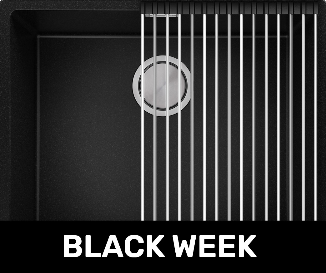 Fregadero de granito con una cubeta grande de una cubeta sobre encimerasin escurridor para mueble desde 60 cm el color negro London 60 Slim. Primagran